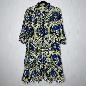 Azure And Indigo Women’s Ikat Shirt Dress Lime Green Blue Size Large